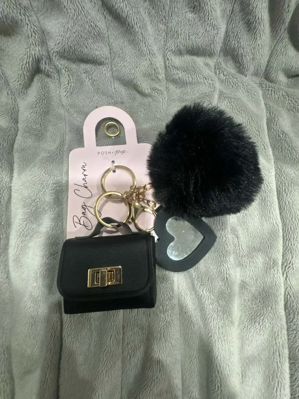 Posh+Pop Decorative Keychain Mini Bag Charm with Pom Pom and Heart Mirror